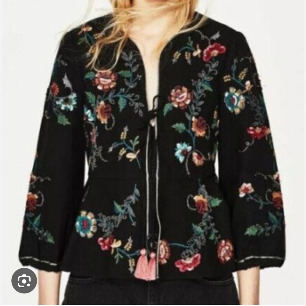 Zara Black Floral Embroidered Jacket